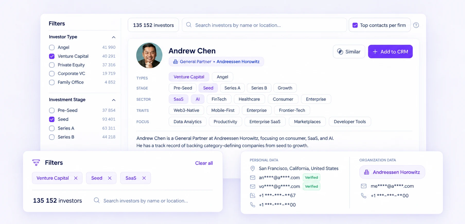 Investor database with stage and sector filters and an investor profile with contacts on file